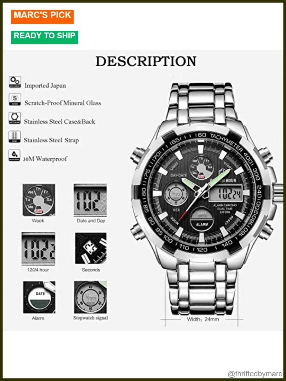 Luxury Stainless Steel Analog Digital Watch for Men Outdoor Sport Waterproof